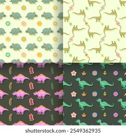 Set Seamless Pattern Abstract Elements Animal Dino Vector Design Style Background Illustration Texture For Prints Textiles, Clothing, Gift Wrap, Wallpaper, Pastel