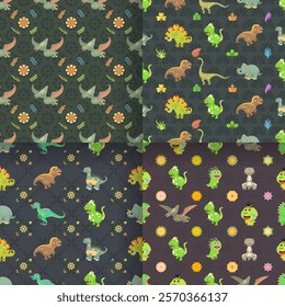 Set Seamless Pattern Abstract Elements Animal Dino Vector Design Style Background Illustration Texture For Prints Textiles, Clothing, Gift Wrap, Wallpaper, Pastel