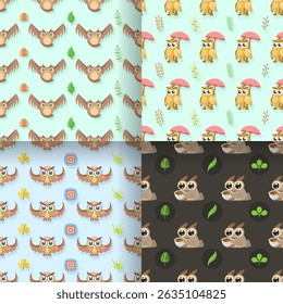 Set Seamless Pattern Abstract Elements Different Animal Owls Birds Wildlife Vector Design Style Background Illustration Texture For Prints Textiles, Clothing, Gift Wrap, Wallpaper, Pastel