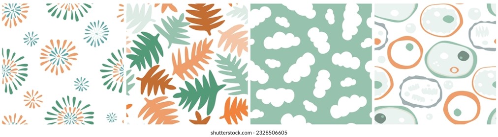 The set is a seamless pattern with abstract flowers, petals, leaves, clouds. Simple natural forms. Vector graphics.