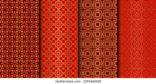 Set of Seamless Pattern With Abstract Geometric Style. Repeating Sample Figure And Line. Vector illustration. red gold color