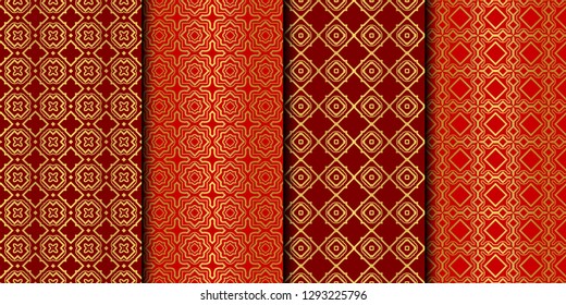 Set of Seamless Pattern With Abstract Geometric Style. Repeating Sample Figure And Line. Vector illustration. red gold color