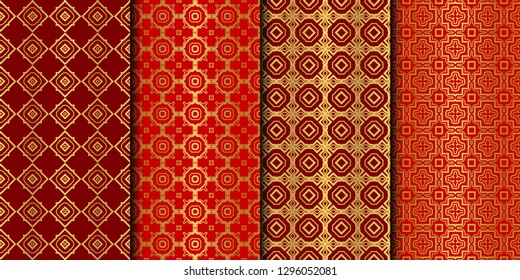 Set of Seamless Pattern With Abstract Geometric Style. Repeating Sample Figure And Line. Vector illustration. red gold color