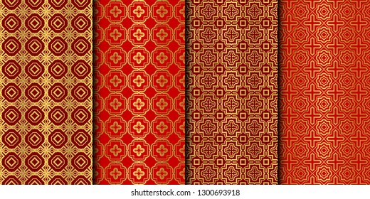 Set of Seamless Pattern With Abstract Geometric Style. Repeating Sample Figure And Line. Vector illustration. red gold color