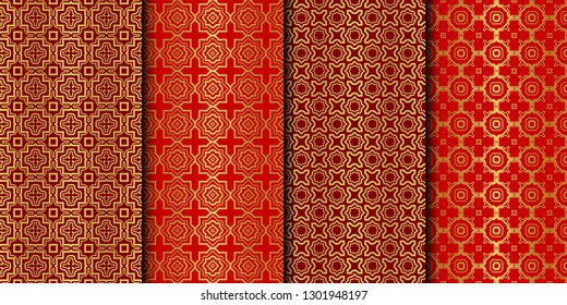 Set of Seamless Pattern With Abstract Geometric Style. Repeating Sample Figure And Line. Vector illustration. red gold color
