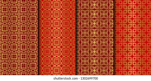 Set of Seamless Pattern With Abstract Geometric Style. Repeating Sample Figure And Line. Vector illustration. red gold color