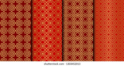 Set of Seamless Pattern With Abstract Geometric Style. Repeating Sample Figure And Line. Vector illustration. red gold color