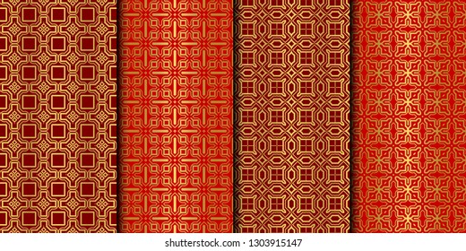Set of Seamless Pattern With Abstract Geometric Style. Repeating Sample Figure And Line. Vector illustration. red gold color