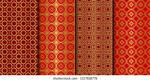 Set of Seamless Pattern With Abstract Geometric Style. Repeating Sample Figure And Line. Vector illustration. red gold color