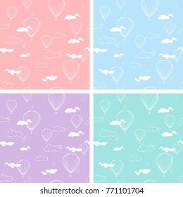 Set of seamless pattern with air  baloons in the clouds on blue red purple turquoise colours background