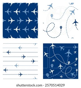 Set of seamless pattern with airplane. Traveling world, air travel, trip abroad on vacation, cruise and tour. Endless texture can be used for tiling pattern fills, web page background, fabric texture