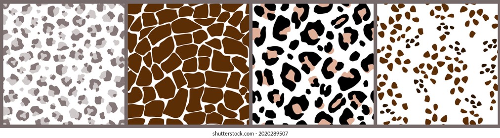 Set of seamless pattern with animal print. Collection of mammalian fur . Camouflage of cheetah, leopard, jaguar, giraffe predators. Contemporary background for printing. Vector illustration.