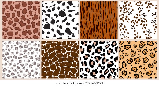 Set of seamless pattern with animal print. Collection of mammalian fur . Camouflage of cheetah, leopard, jaguar, giraffe predators, dogs. Contemporary background for printing. Vector illustration.