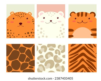 Set of seamless pattern animal skin texture and one print with cute  jaguar, irbis, tiger. Endless texture can be used for textile pattern fills, t-shirt design, web page background. Vector EPS8