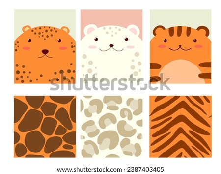 Set of seamless pattern animal skin texture and one print with cute  jaguar, irbis, tiger. Endless texture can be used for textile pattern fills, t-shirt design, web page background. Vector EPS8