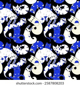 Set Seamless pattern animals colorful black background multicolor