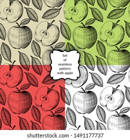 Set of Seamless pattern with apple in engraving vintage style. 
Can be used for label, banner, fabric, tablecloth, gift wrap or other