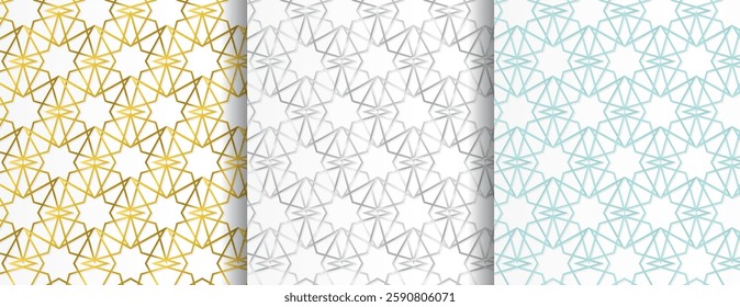 Set of seamless pattern in arabian style ornaments collection. Oriental seamless patterns set in shiny gold, silve, blue color. Islamic ornament backgrounds, traditional muslim texture