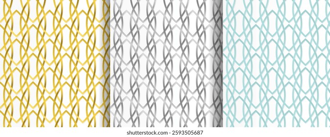 Set of seamless pattern in arabian style ornaments collection. Oriental oval circle seamless patterns set in shiny gold, silve, blue color. Islamic ornament backgrounds, traditional muslim texture