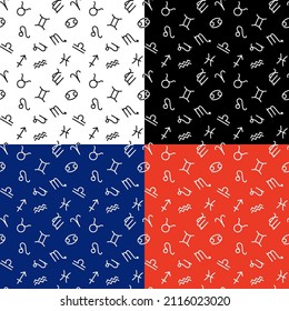 set of seamless pattern with astrological symbols, simple background with zodiac signs in black, white, blue, red colors