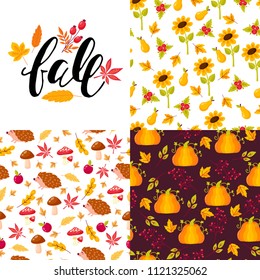 Set seamless pattern with autumn branches and leaves on white background. Floral hand drawn ornament in yellow and red colors. Bright background for printing on fabric, wallpaper and paper. Vector