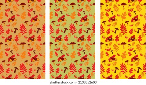 Set of seamless pattern autumn leaves, acorns, mushrooms, berries, twigs, Forest seamless print, hand drawn, vector