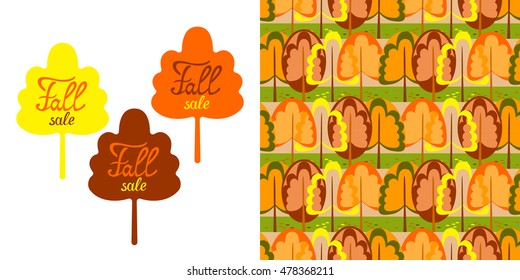 Set of Seamless pattern with Autumn trees and labels - fall sale, design elements. Vector illustration