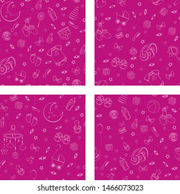 Set of seamless pattern with baby care items: feeding, clothing, toys, health care stuff, safety, furniture, accessories. Thin line icons of baby items. Vector hand drawn Illustration