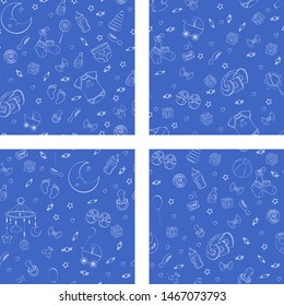 Set of seamless pattern with baby care items: feeding, clothing, toys, health care stuff, safety, furniture, accessories. Thin line icons of baby items. Vector hand drawn Illustration