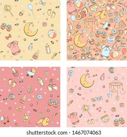 Set of seamless pattern with baby care items: feeding, clothing, toys, health care stuff, safety, furniture, accessories. Thin line icons of baby items. Vector hand drawn Illustration