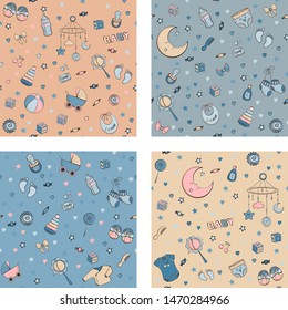 Set of seamless pattern with baby care items: feeding, clothing, toys, health care stuff, safety, furniture, accessories. Thin line icons of baby items. Vector hand drawn Illustration