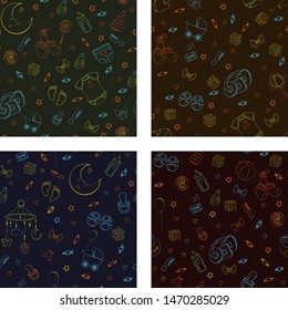 Set of seamless pattern with baby care items: feeding, clothing, toys, health care stuff, safety, furniture, accessories. Thin line icons of baby items. Vector hand drawn Illustration