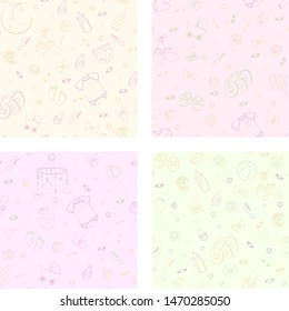 Set of seamless pattern with baby care items: feeding, clothing, toys, health care stuff, safety, furniture, accessories. Thin line icons of baby items. Vector hand drawn Illustration