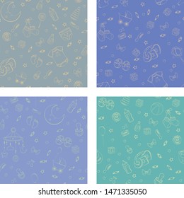 Set of seamless pattern with baby care items: feeding, clothing, toys, health care stuff, safety, furniture, accessories. Thin line icons of baby items. Vector hand drawn Illustration