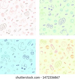 Set of seamless pattern with baby care items: feeding, clothing, toys, health care stuff, safety, furniture, accessories. Thin line icons of baby items. Vector hand drawn Illustration