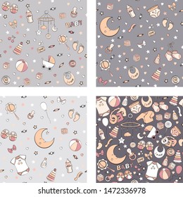 Set of seamless pattern with baby care items: feeding, clothing, toys, health care stuff, safety, furniture, accessories. Thin line icons of baby items. Vector hand drawn Illustration