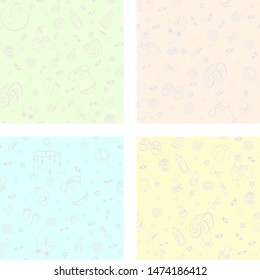 Set of seamless pattern with baby care items: feeding, clothing, toys, health care stuff, safety, furniture, accessories. Thin line icons of baby items. Vector hand drawn Illustration