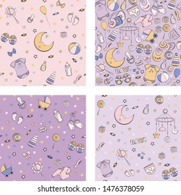 Set of seamless pattern with baby care items: feeding, clothing, toys, health care stuff, safety, furniture, accessories. Thin line icons of baby items. Vector hand drawn Illustration