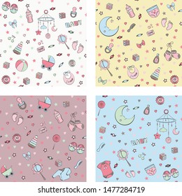Set of seamless pattern with baby care items: feeding, clothing, toys, health care stuff, safety, furniture, accessories. Thin line icons of baby items. Vector hand drawn Illustration
