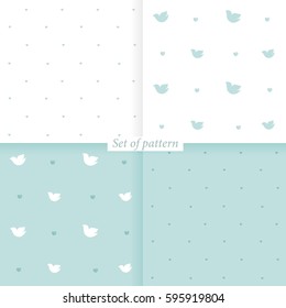 Set of seamless pattern.  Baby or wedding background with birds and hearts. Paper for packing.  Vector  eps 10