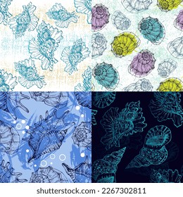 Set Seamless pattern background with abstract shell ornaments. Hand drawn nature illustration of ocean.