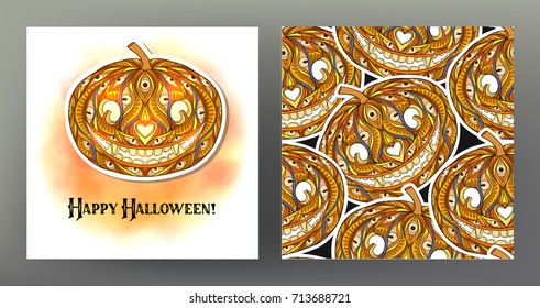 Set of Seamless pattern, background with Halloween pumpkin head 