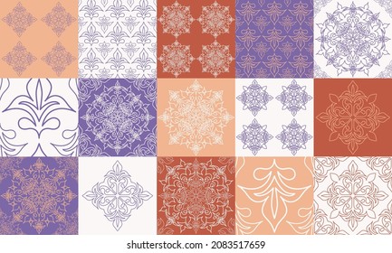Set of seamless pattern for background and home textile design. Vector illustration. Decorative elements in thin line style
