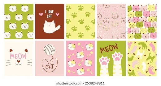 Conjunto de fondo de patrón sin fisuras y postales Plantillas con lindos gatos animales de compañía. Divertidos bozales felinos, huellas de patas, rastros de patas de gatito y diferentes Elementos doodle Ilustración vectorial