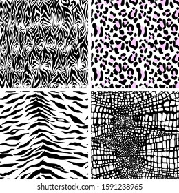 Set seamless pattern background - zebra, leopard, tiger, crocodile. Vector illustration.