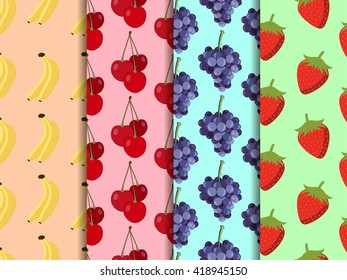 Set of seamless pattern with bananas, cherries, strawberries and grapes. Vector background.