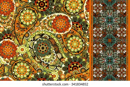 Set of seamless pattern based on traditional Asian elements Paisley and striped. Vector colorful background.
