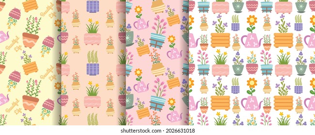 set of seamless pattern beautiful flowers with pots decorated