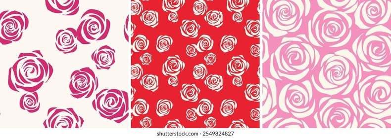 Conjunto de padrão sem costura com bela silhueta de rosa vintage. Papel de parede abstrato rosa flor. Tecido de vestido ou design de embrulho para o dia dos namorados ou casamento. Ilustração de estoque de vetor.