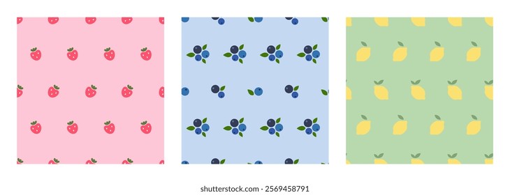 Set Seamless pattern berries and fruits. For baby packaging, banner, wrapping, phone cases, covers, textile, wallpaper, stationary. Blueberry, strawberry, lemon. Kawaii Vector vertical backgrounds